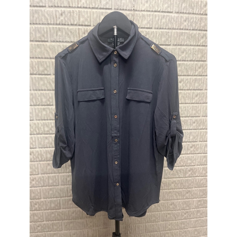 Grace The Perfect Fit Glacial Grey Utility Button Down Roll Tab Shirt Medium NEW